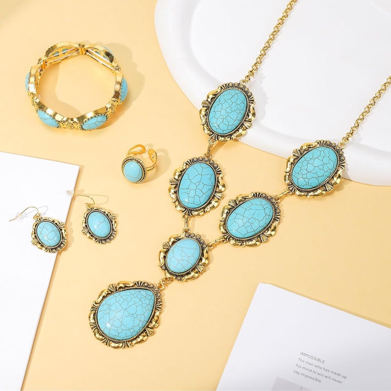 JMScape 4 PCS Western Turquoise Jewelry for Women Boho Vintage Navajo Pearl Necklace Earring Bracelet Ring Set Country Cowgirl Accessories for Gift - Image 3